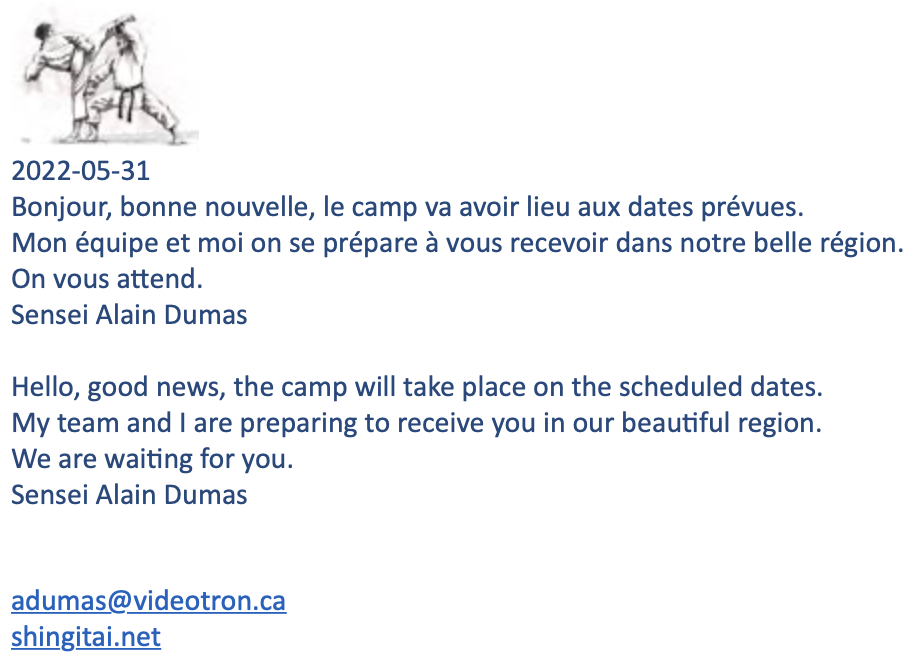 Confirmation du camp d'été - Summer cam is confirmed